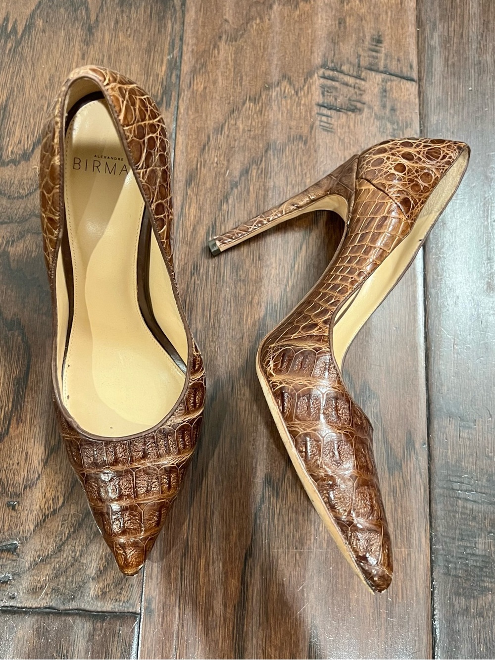 Alexandre Birman Brown Croc-Embossed Pointed Toe Stiletto Pumps